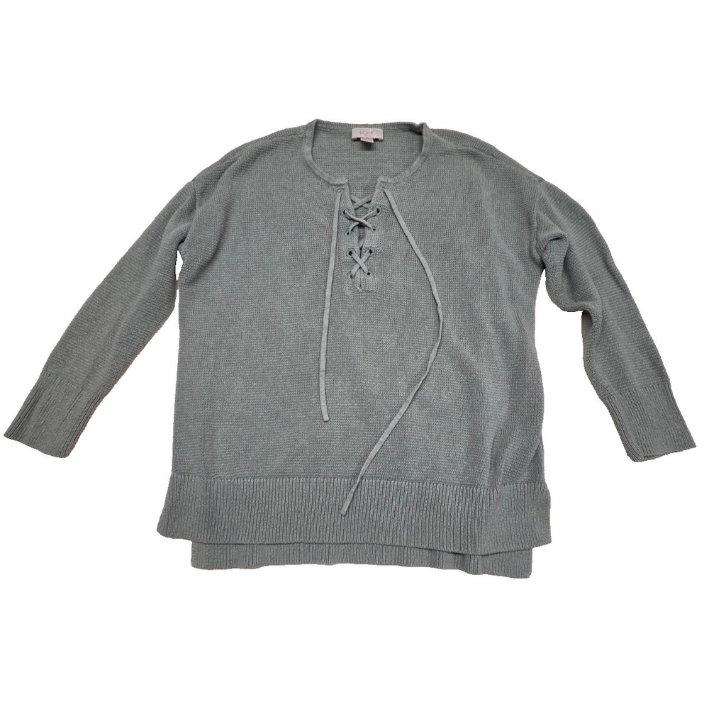 LOFT Olive Green Knit Sweater Large Lace-Up Neckline Long Sleeve‎